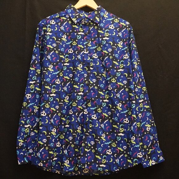 Simon Banks Navy Button Up Shirt Royal Blue Halloween Pattern Men’s Large - Picture 1 of 4
